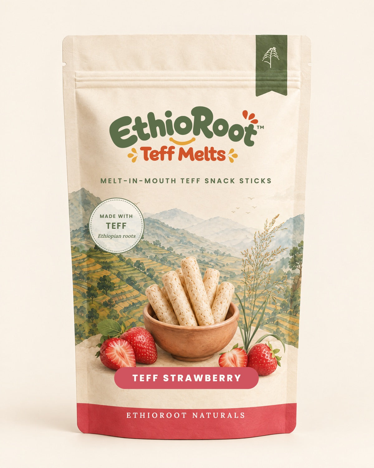 EthioRoot Teff Strawberry pouch mockup