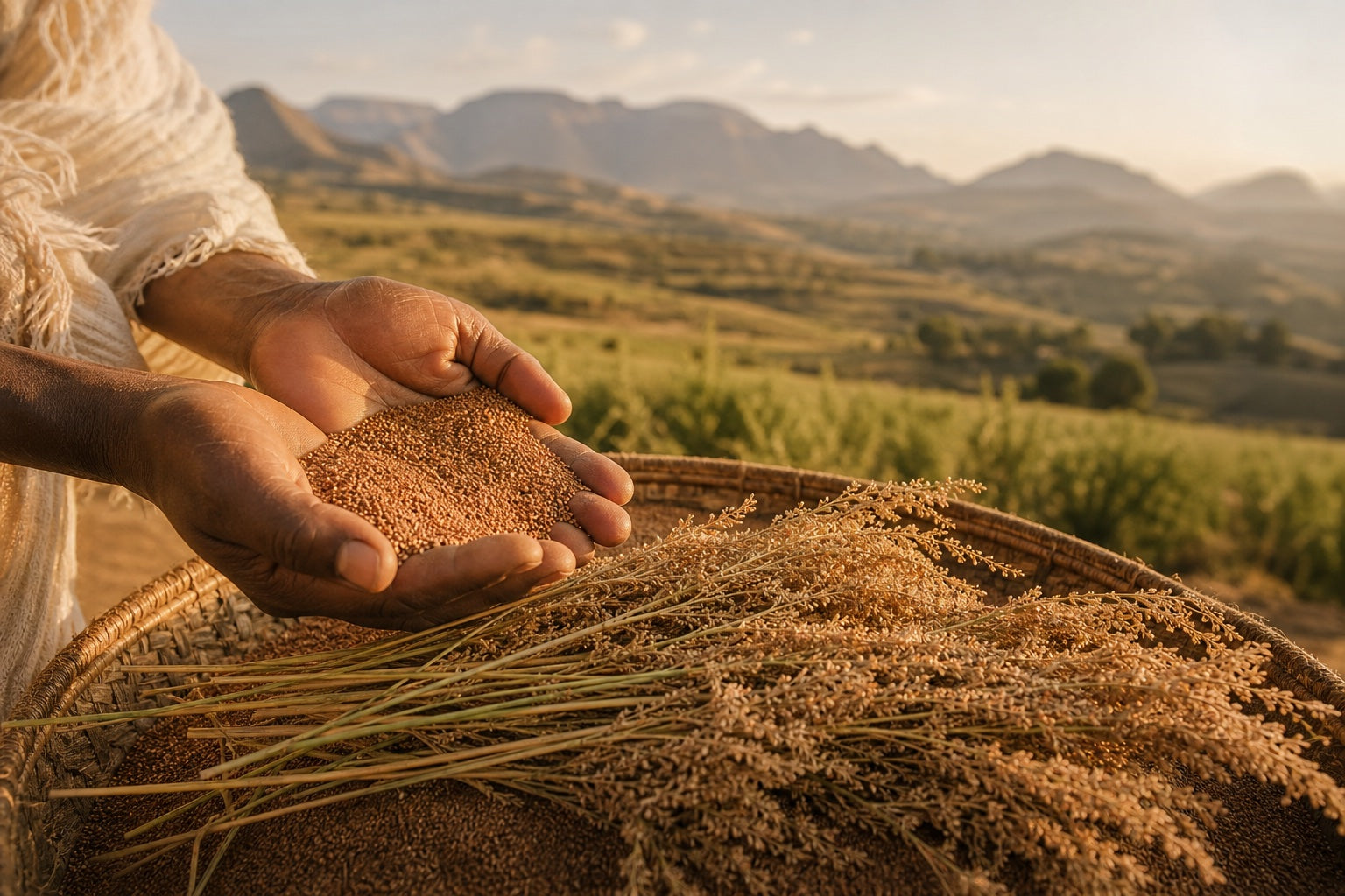 Hands holding teff grains in highland light